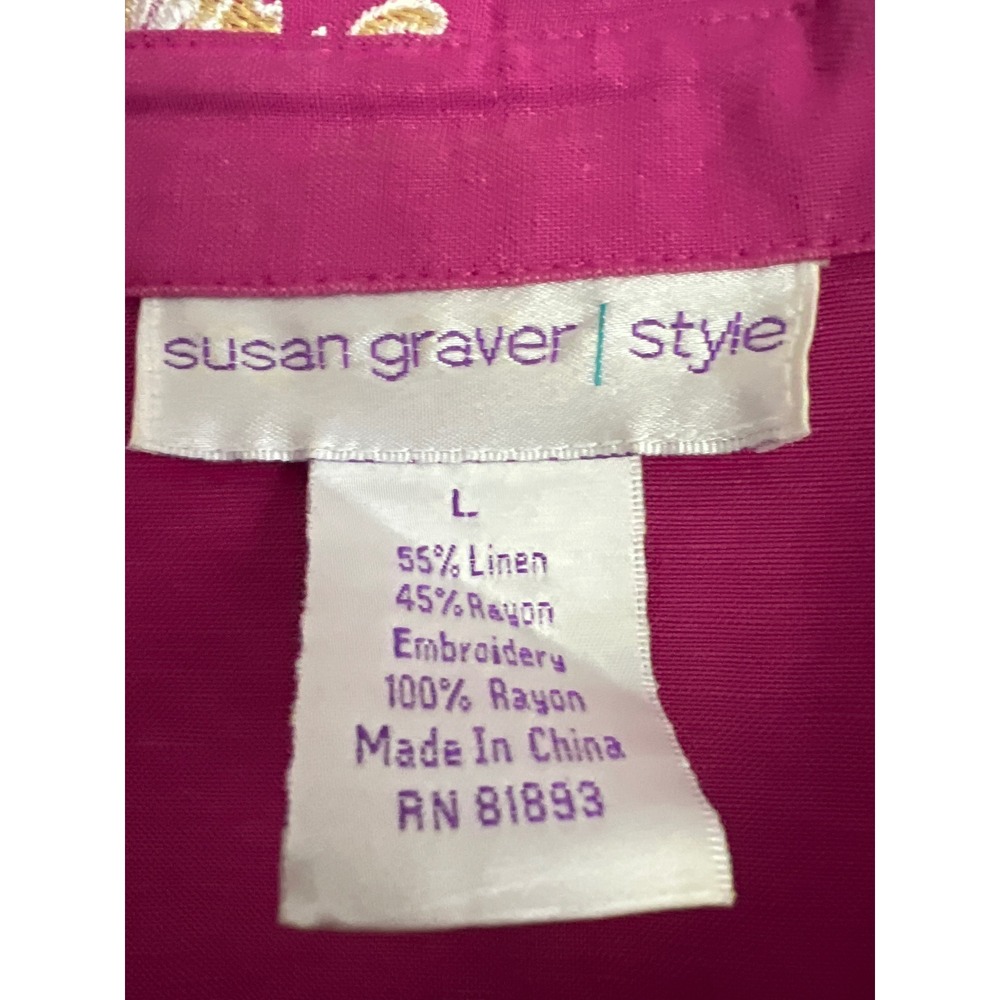 Susan Graver Style Magenta Linen Blend Butterfly Embroidered Button-Up Shirt L - Picture 2 of 7